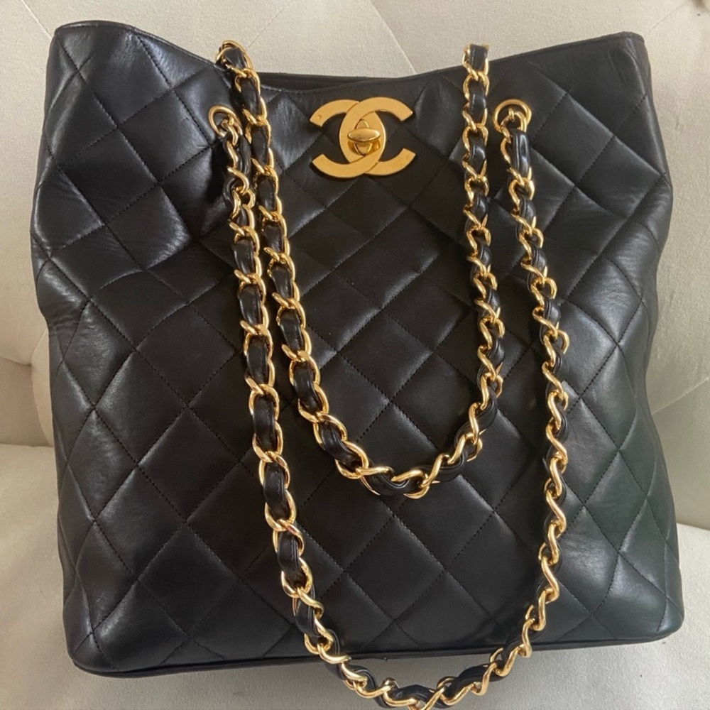 Chanel Vintage Quilted Lambskin XL CC Black 24K Gold Plated hardware Tote Bag